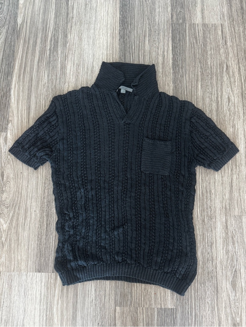 John Varvatos Black V-Neck Short-Sleeve Cable Knit Sweater